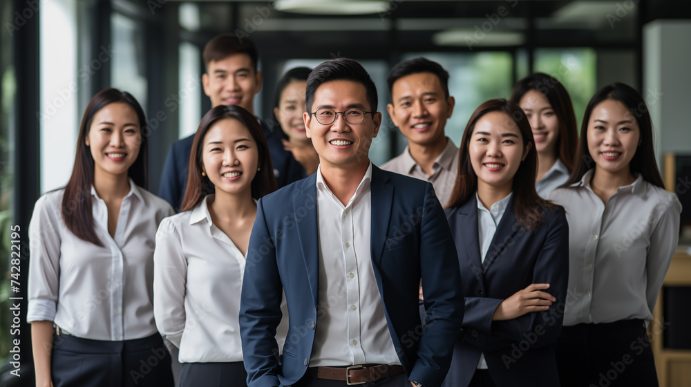Business portrait of Asian people in the office. Smiling employees of creative company, teamwork AI generated - obrazy, fototapety, plakaty 