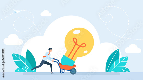 A businessman is carrying a giant light bulb on a wheelbarrow. Businessman with lightbulb. The concept of idea, brainstorm, thinking, solution, eureka, bingo. Flate trendy style illustration photo