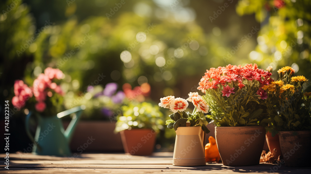 Flowers in pots on the background of garden. Seedling house plants. AI generated.