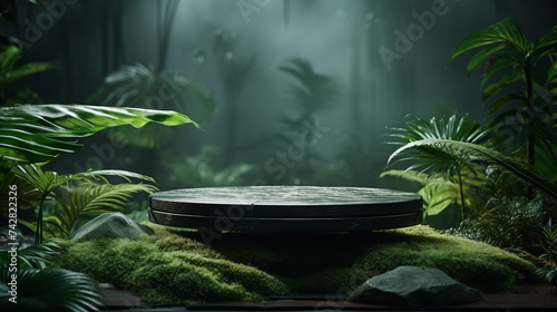 Stone podium display in the jungle. Exotic flowers and green plants platform pedestal for product or text. Generative AI.