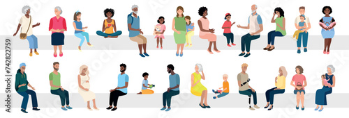 Happy people of different ages and nationalities are sitting. Men and women, elderly people and children sit in different positions. Big vector set of sitting people isolated on white background.