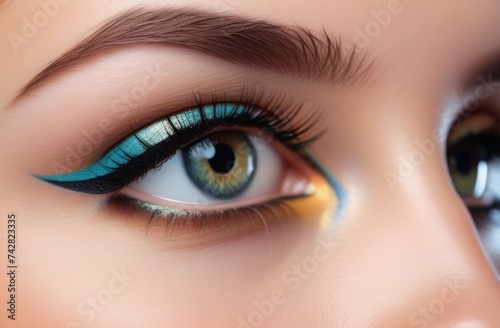 Close-up eye close-up  macro shot of female eyes with very long eyelashes and black eyeliner. Perfectly shaped makeup and long lashes