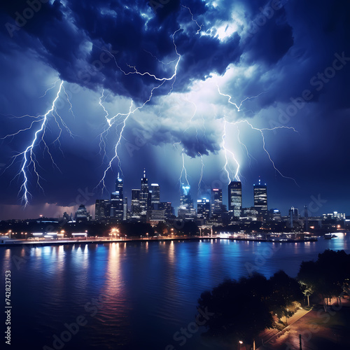 Dramatic lightning storm over a city skyline. 