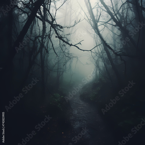 Eerie fog rolling through a dark forest.