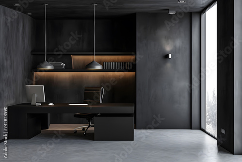 black minimalist office bookshelf The walls are wood and dark gray concrete.
