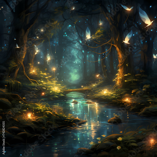 Glowing fireflies in a magical forest. 