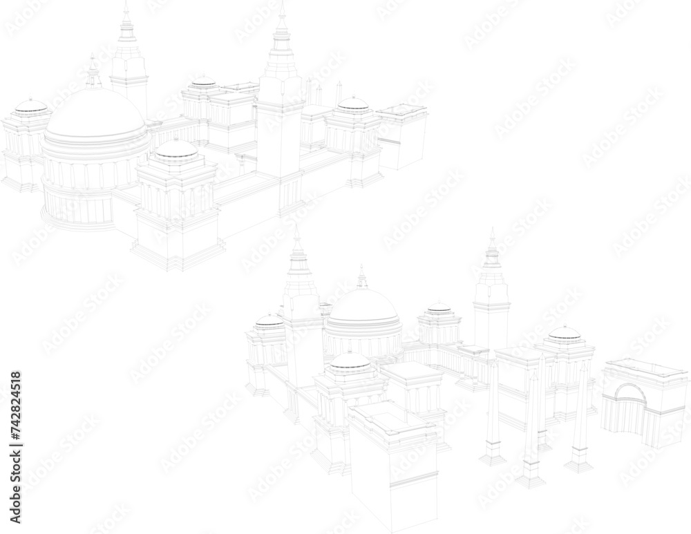 Vector sketch design, illustrator, architectural image of the old classic vintage holy Arafani temple