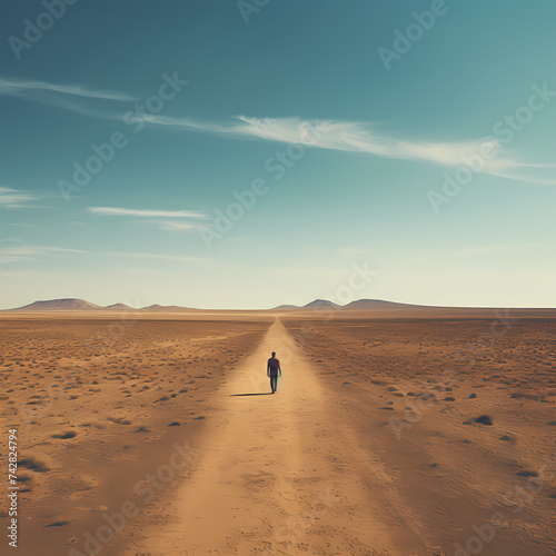 Lone figure walking on an endless desert road.