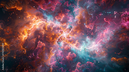 A kaleidoscope of vibrant magenta and golden hues swirling in cosmic dance. Ethereal mist with a touch of silver and teal. Abstract celestial spectacle. photo