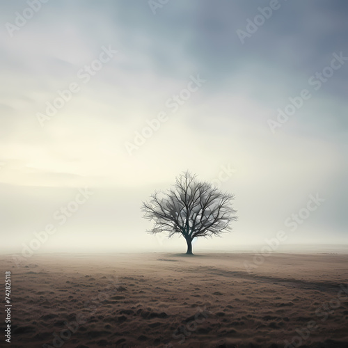Lone tree in a misty morning meadow. © Cao