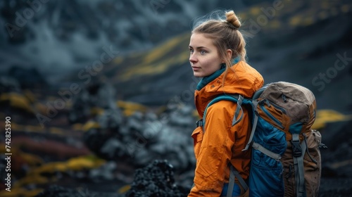 American Woman hiking in black Volcano surface photo