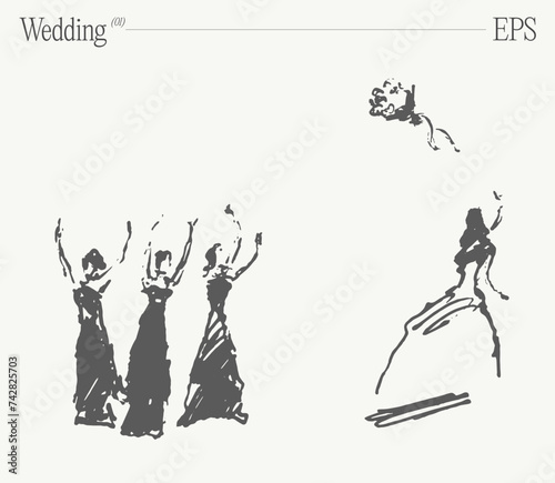 Bride tosses wedding bouquet to her friends. Hand drawn vector illustration, sketch.