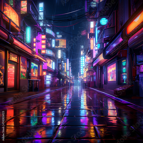 Neon-lit street in a rainy cyberpunk city. 