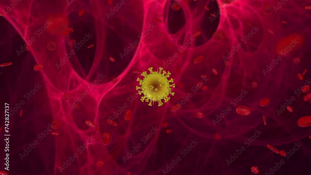 Rabies virus cells in animal bloodstream with erythrocytes, detailed 3D ...