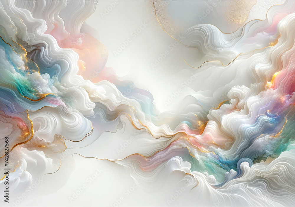 Abstract fluid flowing art by alcohol ink white tone with iridescent hues and gold with copy space text. For banner, background in concept luxury, dreamy, heaven.