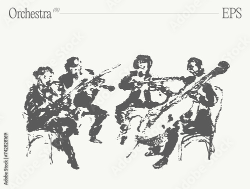 Musicians performing on violins and cello at orchestra concert. Hand drawn vector illustration.
