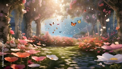A hidden enchanted garden tucked away in a secret grove, filled with blooming flowers of vivid colors and delicate butterflies fluttering amidst floating petals. Soft, ethereal light filters through t photo