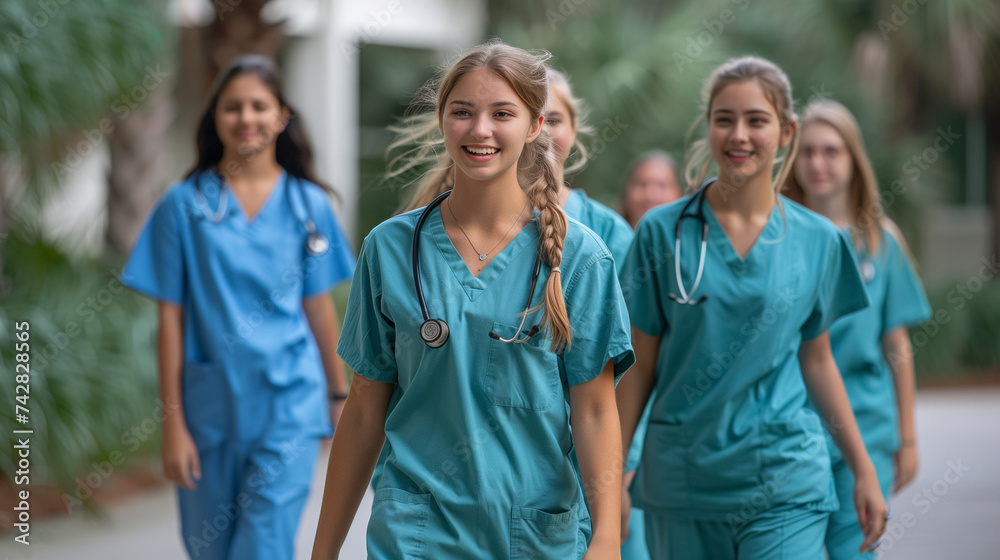 Diverse team of medical students young women in scrubs walk together on a university hospital campus.