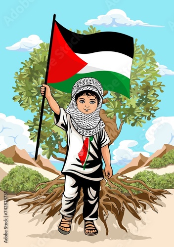 Child from Gaza, little Boy with Keffiyeh and holding a Palestinian Flag symbol of freedom illustration  © BluedarkArt