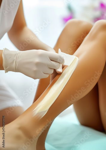 waxing legs, cosmetologist's hands remove hair from girl's skin, beauty salon, sugaring, smooth, self-care, lifestyle, spa salon, shins, knees, woman