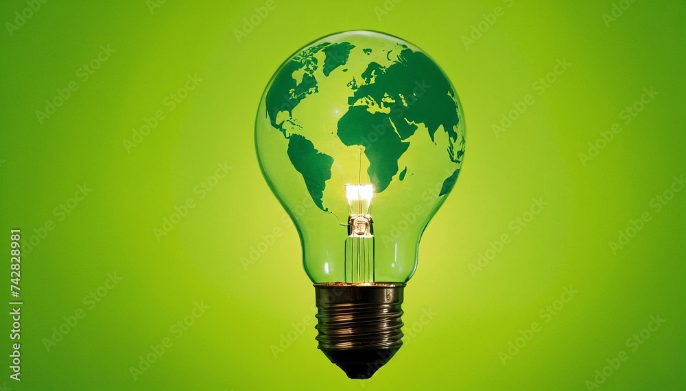 Light bulb with a green world map, on a green background. World Earth Day, environmental protection, renewable energy, does not harm the environment. Earth Hour. Concept of saving the world. Light bulb with a green world map, on a green background. World Earth Day, environmental protection, renewable energy, does not harm the environment. Earth Hour. Concept of saving the world.