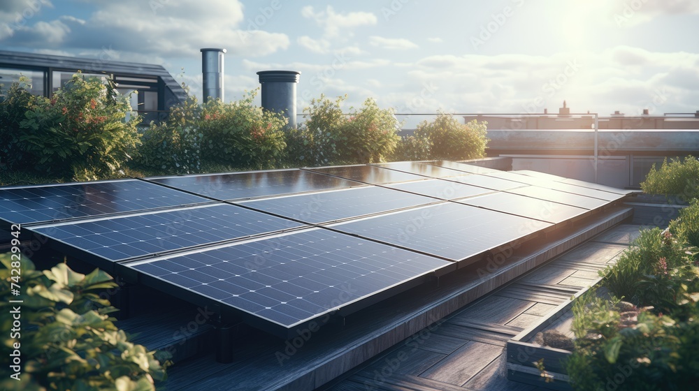 solar panels rooftop system - obrazy, fototapety, plakaty 