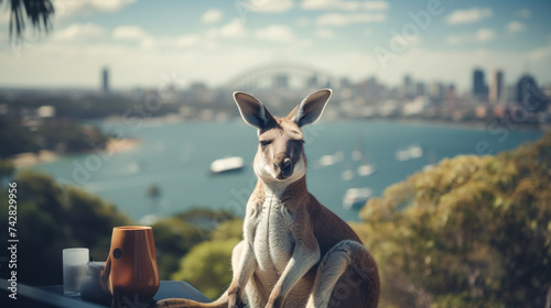 Visualize a sophisticated kangaroo in a tailored pinstripe suit, accessorized with a gold watch and leather loafers. Against a backdrop of urban skyline, it exudes business acumen and metropolitan cha photo