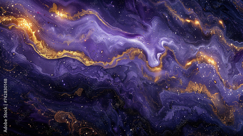 Liquid gold blending with midnight blue, creating a cosmic river. Patches of lavender and amber. Abstract celestial flow.