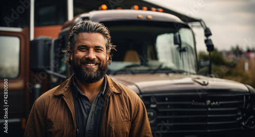 Happy trucker, rugged charm on the road.