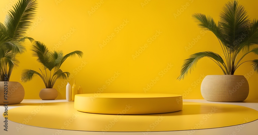 product presentation in an empty room yellow room with palm trees product presentation in an empty room yellow room with palm trees