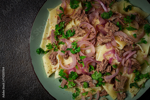 Beshbarmak, Kazakh meat, boiled meat with noodles, photo