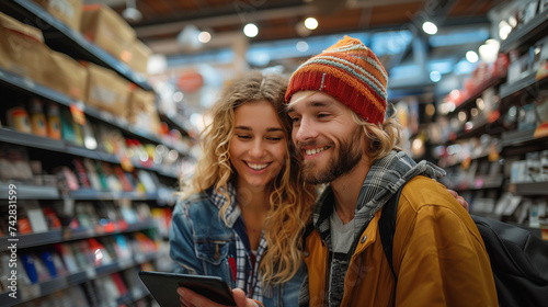 Happy couple buying a smartphone in store. New digital device concept.