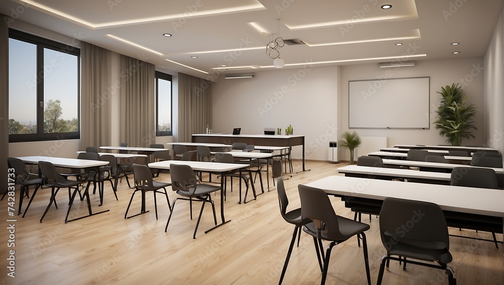 Interior of modern Class room with wooden floor and rows of tables with green chairs. 3d rendering