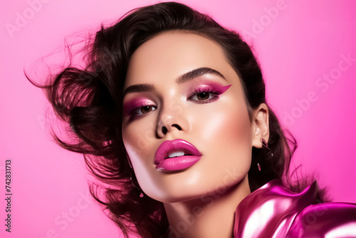 woman with pink makeup and a pink background
