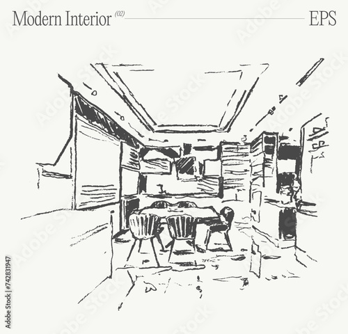 Modern interior. Living room with dining table. Hand drawn vector illustration, sketch.