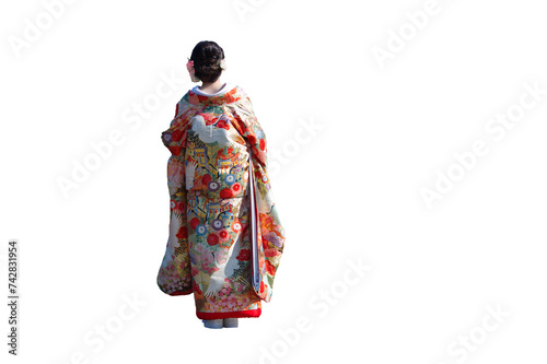 Rear view of a young bride in Japan png isolated photo
