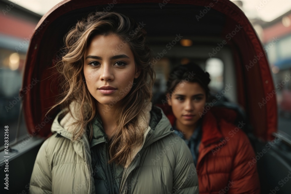 Two women sharing a moment, street fashion. Two women sharing a moment, street fashion.