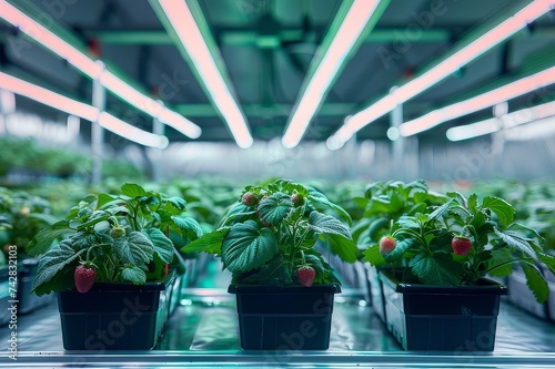 Growing strawberries in a modern hydroponic greenhouse. Organic farming and healthy eating concept.