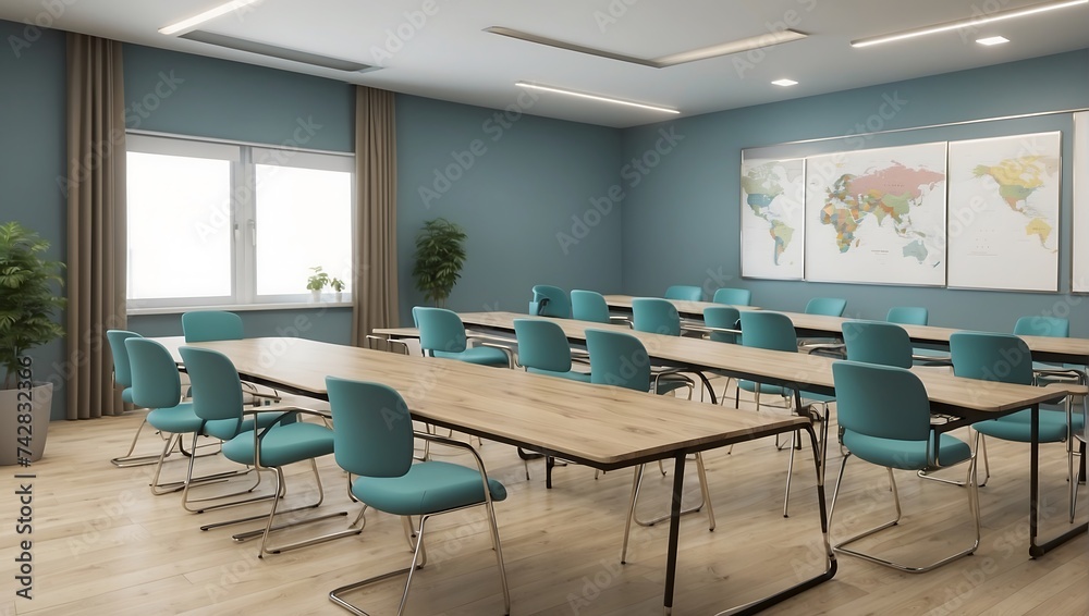 Interior of modern conference room with blue walls, wooden floor and rows of tables with green chairs. 3d rendering