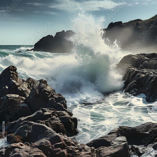 Waves crashing on rocks along the coastline.