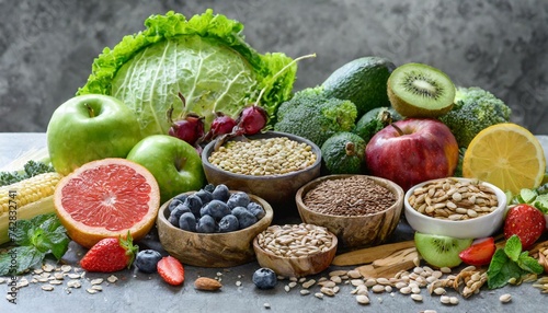 Healthy food clean eating selection  fruit  vegetable  seeds  superfood  cereal  leaf vegetable on gray concrete background