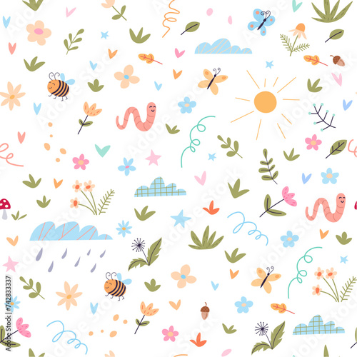 Seamless pattern featuring cute insects and diverse flowers on a white background. Ideal for children s fabrics and decor © robu_s