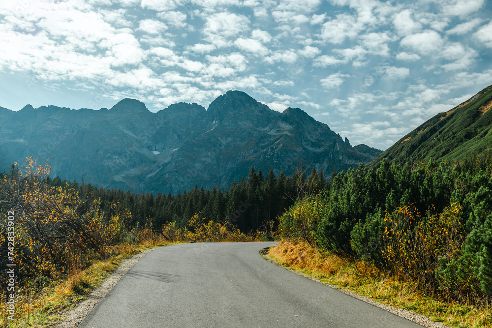 Fototapeta premium country road and green mountains in summer.Tatra National Park in Poland. Famous mountains lake Morskie oko or sea eye lake In High Tatras. Five lakes valley. 