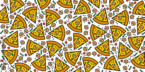 Cartoon pizza slices pattern. Delicious background with pizza vector illustration.