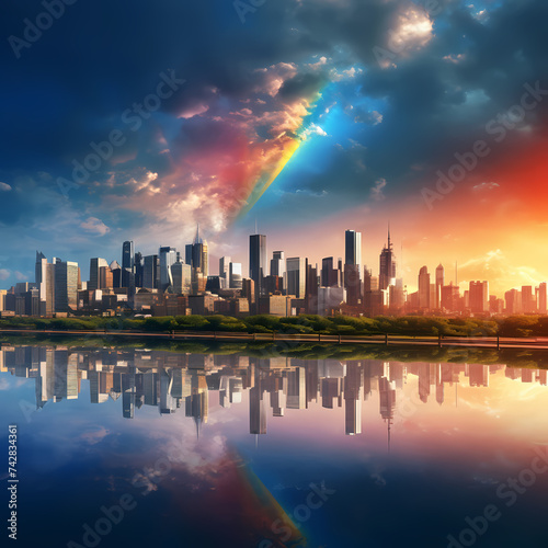 A city skyline with a rainbow after a rainstorm.