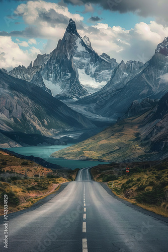The road surrounded by mountains and a lake.