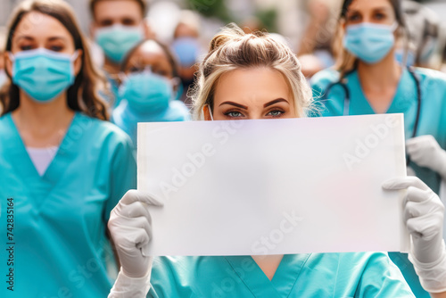 Female healthcare worker holding a blank placard, mockup. Group professionals in medical blue lab coats and masks in background. Concept: strike, unity, rights engagement, city life, social movements