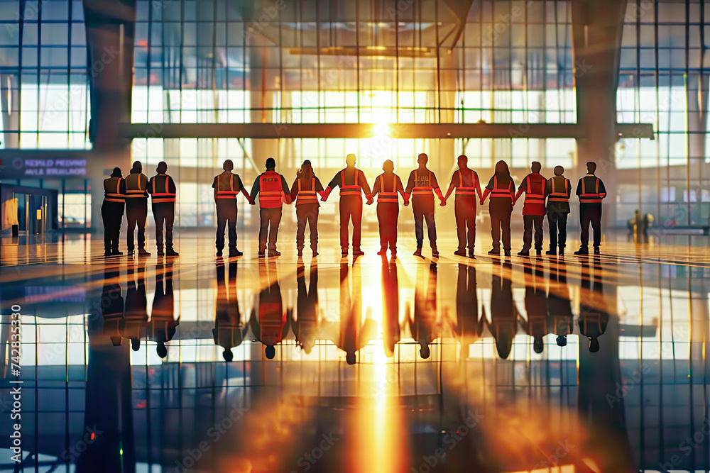 Airport workers holding hands in a show of unity in solidarity at sunrise, modern airport terminal. Strike. Concept: better working conditions, city life, the fight for change, reform.