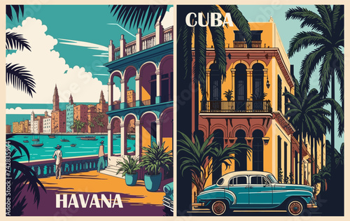 Havana, Cuba, Caribbean Travel Destination Posters. Exotic summer vacation, international holidays concept. Vintage vector illustrations with traditional old buildings, vintage car and sea scape.