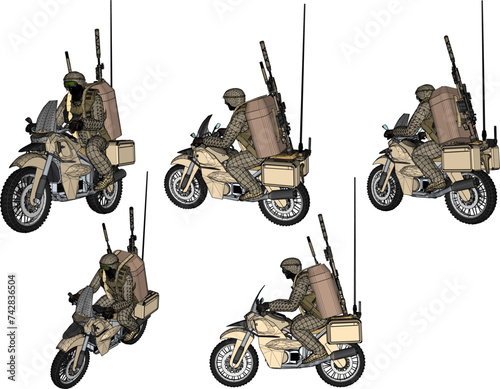 Vector sketch illustration design of army officer on patrol in the forest with combat equipment and dirt bike 